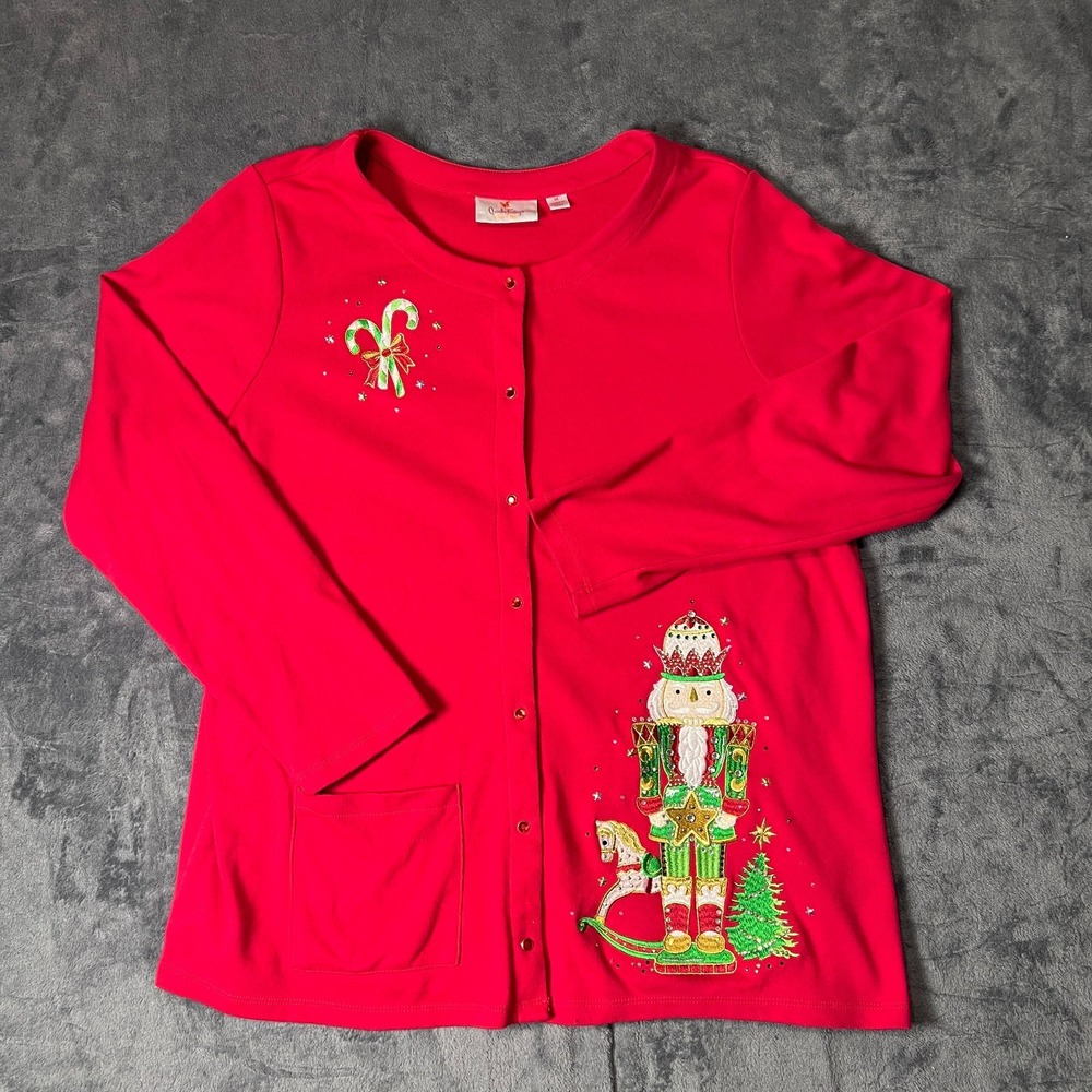 Quacker Factory Womens 1X Red Nutcracker Candy Cane Cardigan Jacket Christmas